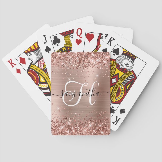 Glittery Rose Gold Glam Monogrammed Playing Cards (Back)