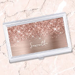 Glittery Rose Gold Glam Name Business Card Holder<br><div class="desc">Customise the modern handwritten style script to create your own business card case. Add a monogram initial to create a first name initial combination. Girly faux blush pink and rose gold glitter and brushed metal foil digital art (it will print like a photo on your modern case). Girl boss stocking...</div>