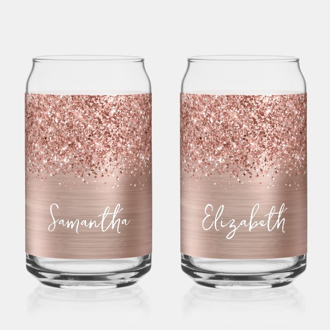 Glittery Rose Gold Glam Name Can Glass (Front)