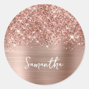 Glittery Rose Gold Glam Name Classic Round Sticker