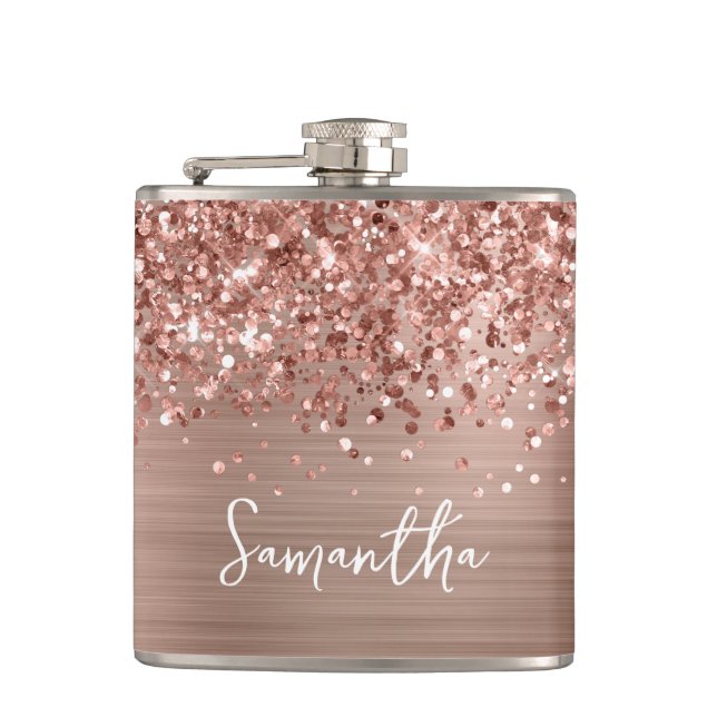 Glittery Rose Gold Glam Name Hip Flask (Front)