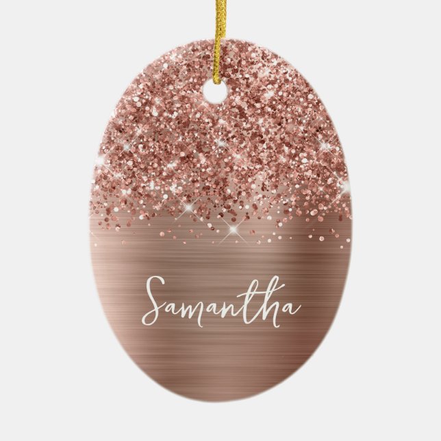 Glittery Rose Gold Glam Name Oval Photo Ceramic Tree Decoration (Front)