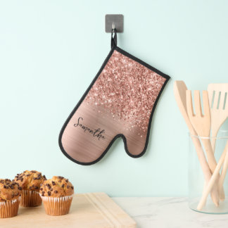 Glittery Rose Gold Glam Name Oven Mitt