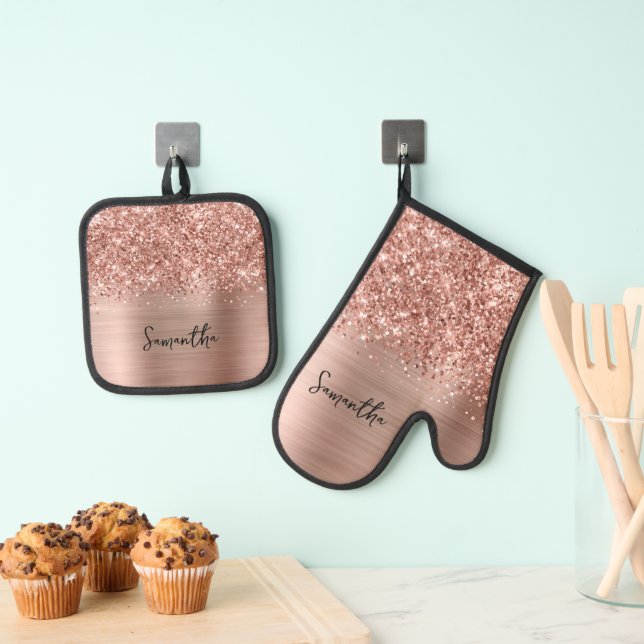 Glittery Rose Gold Glam Name Oven Mitt & Pot Holder Set (Insitu(Hanging))