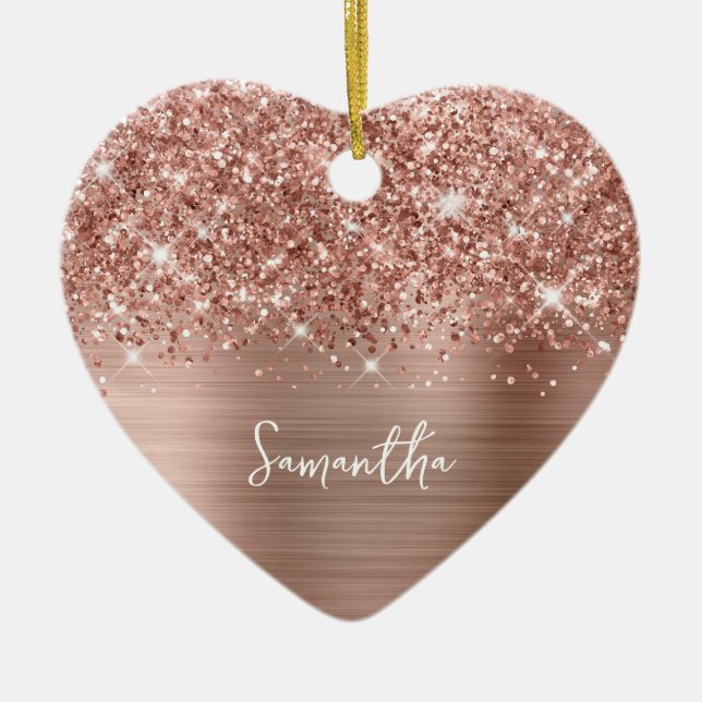 Glittery Rose Gold Glam Name Photo Ceramic Tree Decoration (Front)