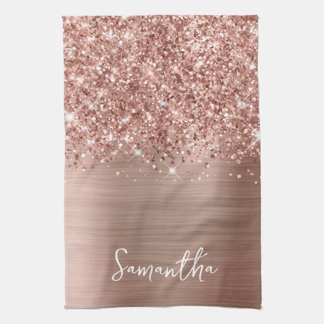Glittery Rose Gold Glam Name Tea Towel (Vertical)