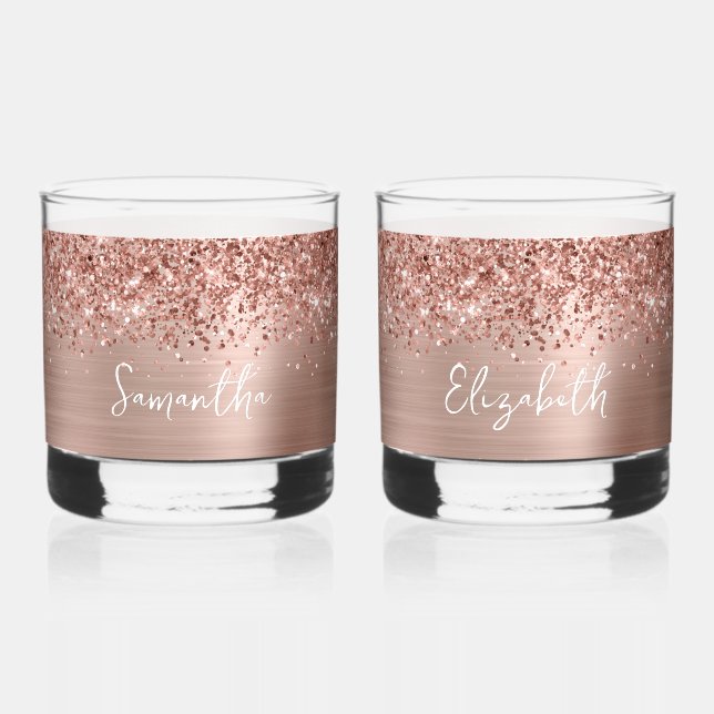 Glittery Rose Gold Glam Name Whiskey Glass (Front)
