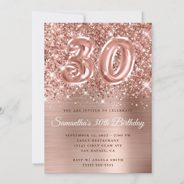 Glittery Rose Gold Glam Number 30th Birthday Invitation (Front)