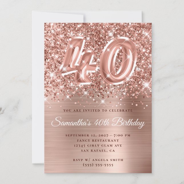 Glittery Rose Gold Glam Number 40th Birthday Invitation (Front)