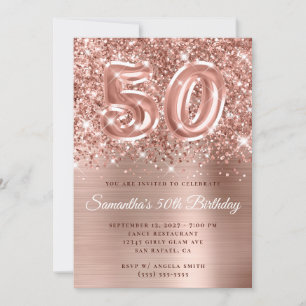 Glittery Rose Gold Glam Number 50th Birthday Invitation