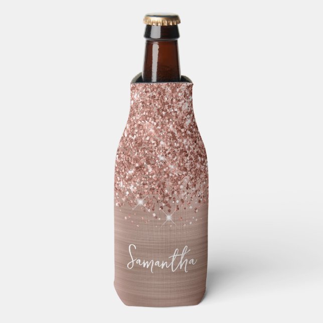 Glittery Rose Gold Glam Script Name Bottle Cooler (Bottle Front)
