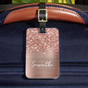 Glittery Rose Gold Glam Script Name Luggage Tag