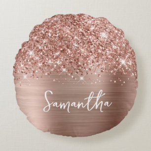 Glittery Rose Gold Glam Script Name Round Cushion