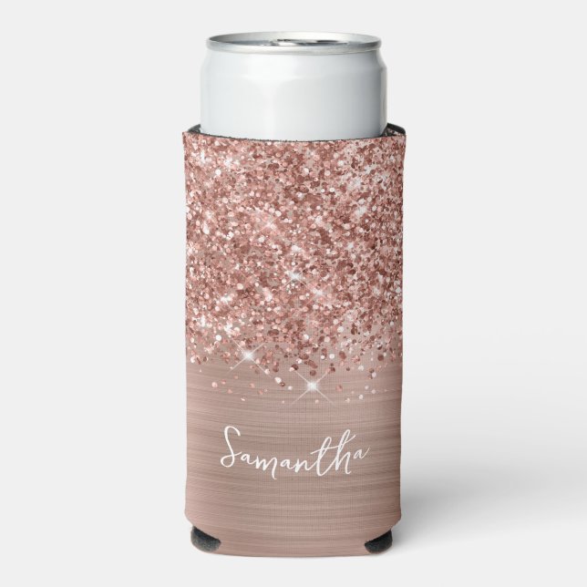 Glittery Rose Gold Glam Script Name Seltzer Can Cooler (Seltzer Front)