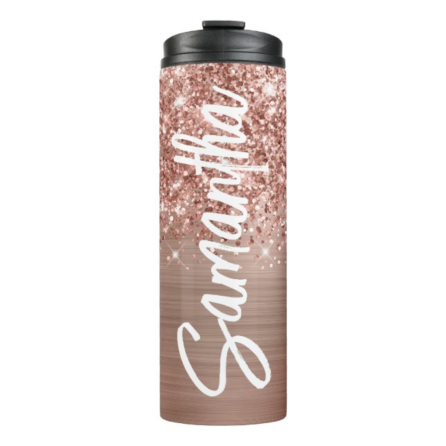 Glittery Rose Gold Glam Vertical Name Personalised Thermal Tumbler (Front)