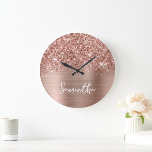 Glittery Rose Gold Glam White Script Name Large Clock