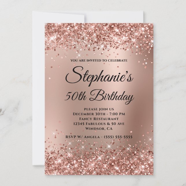 Glittery Rose Gold Gradient Monogram 50th Birthday Invitation (Front)