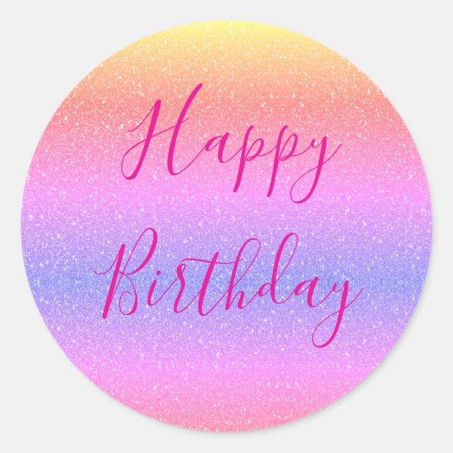 Glittery Rose Gold Hot Pink Happy Birthday Girly Classic Round Sticker (Front)