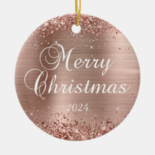 Glittery Rose Gold Merry Christmas Family Photo Ceramic Tree Decoration
