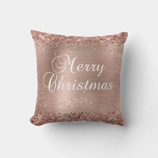 Glittery Rose Gold Merry Christmas Family Photo Cushion (Front)