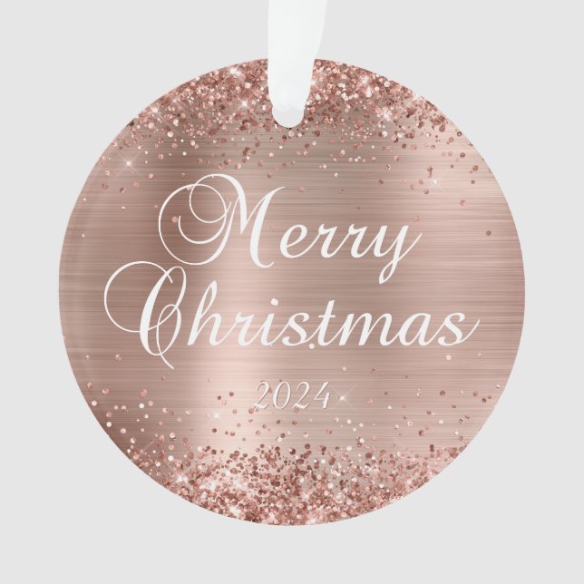 Glittery Rose Gold Merry Christmas Family Photo Ornament (Front)