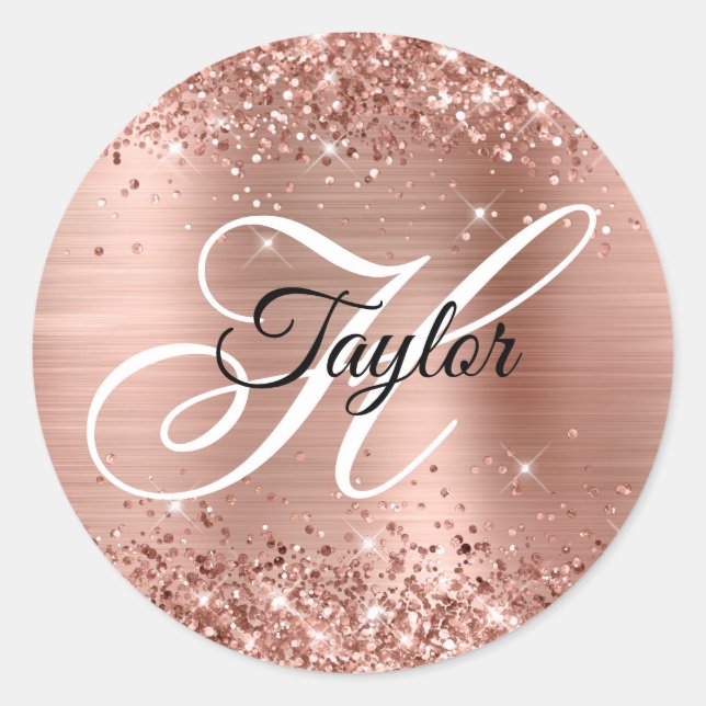 Glittery Rose Gold Metallic Fancy Monogram Classic Round Sticker (Front)