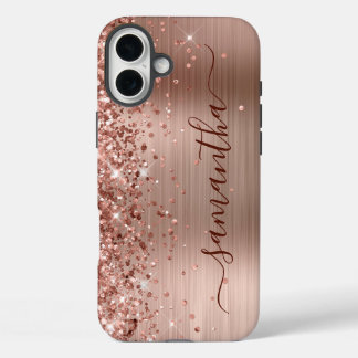 Glittery Rose Gold Metallic Girly Black Signature iPhone 16 Plus Case