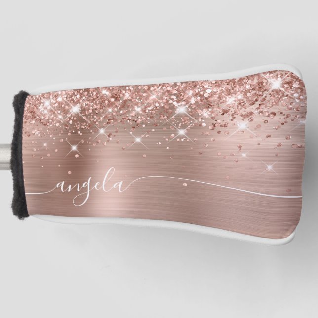 Glittery Rose Gold Metallic Girly Glam Signature Golf Head Cover (Front)
