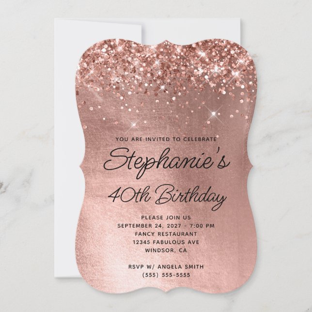 Glittery Rose Gold Monogram 40th Birthday Invitation (Front)