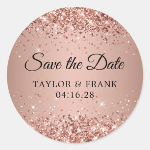 Glittery Rose Gold Ombre Wedding Save the Date Classic Round Sticker