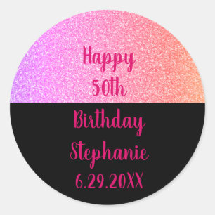 Glittery Rose Gold Pink Black Happy Birthday Name Classic Round Sticker