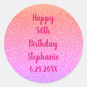 Glittery Rose Gold Pink Custom Happy Birthday Name Classic Round Sticker