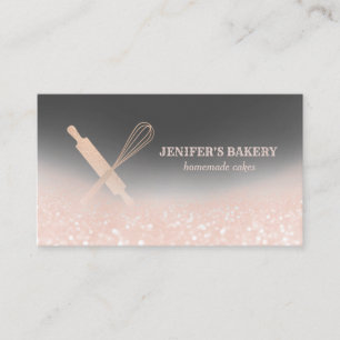 Glittery rose gold rolling pin whisk chef bakery business card