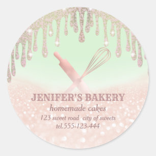 Glittery rose gold rolling pin & whisk chef bakery classic round sticker