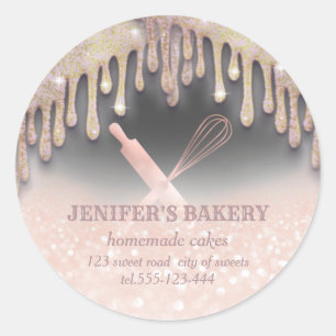 Glittery rose gold rolling pin & whisk chef bakery classic round sticker