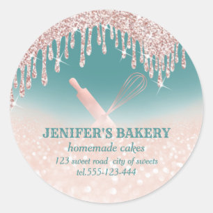 Glittery rose gold rolling pin & whisk chef bakery classic round sticker