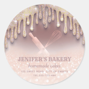 Glittery rose gold rolling pin & whisk chef bakery classic round sticker