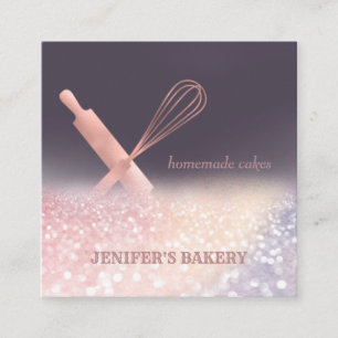 Glittery rose gold rolling pin whisk chef bakery square business card