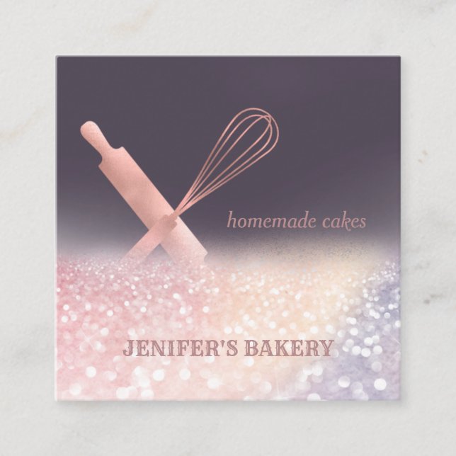 Glittery rose gold rolling pin whisk chef bakery square business card (Front)