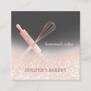 Glittery rose gold rolling pin whisk chef bakery square business card