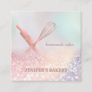 Glittery rose gold rolling pin whisk chef bakery square business card