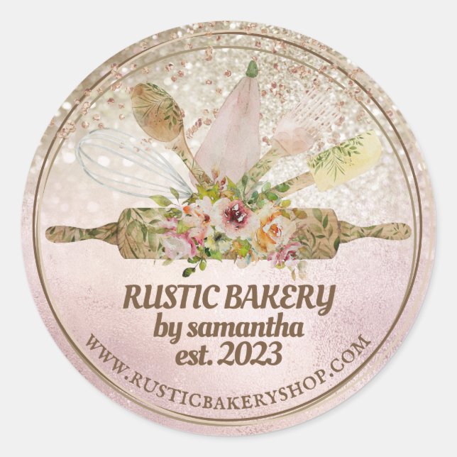 Glittery rose gold rolling pin whisk rustic bakery classic round sticker (Front)