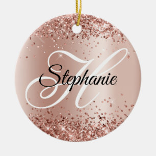 Glittery Rose Gold Shimmer Fancy Monogram Ceramic Tree Decoration