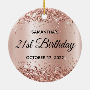 Glittery Rose Gold Shimmer Ombre 21st Birthday Ceramic Tree Decoration