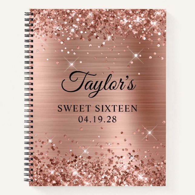 Glittery Rose Gold Sweet Sixteen Guest Notebook (Front)
