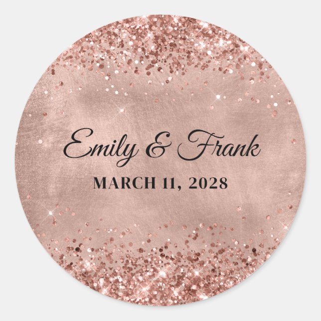 Glittery Rose Gold Wedding Classic Round Sticker (Front)