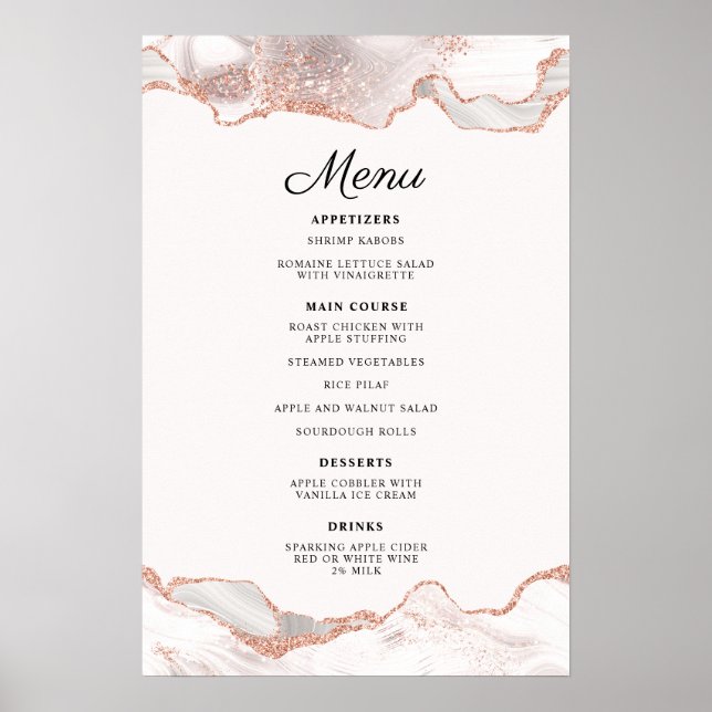 Glittery Rose Gold White Agate 2 Border Menu A4 Poster (Front)