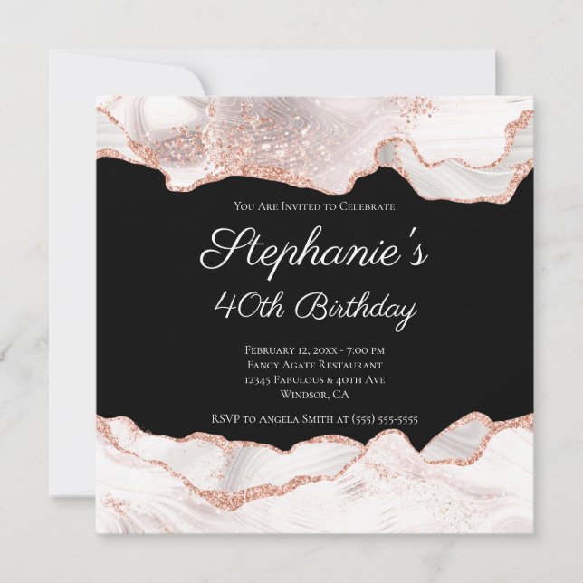 Glittery Rose Gold White Agate 40th Birthday Black Invitation (Front)