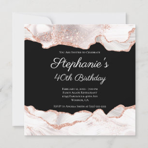 Glittery Rose Gold White Agate 40th Birthday Black Invitation