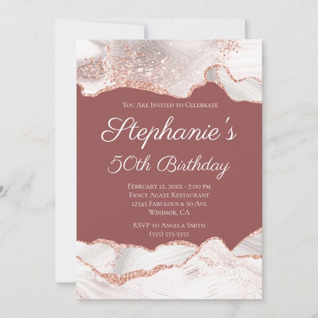 Glittery Rose Gold White Agate 50th Birthday Brick Invitation (Front)